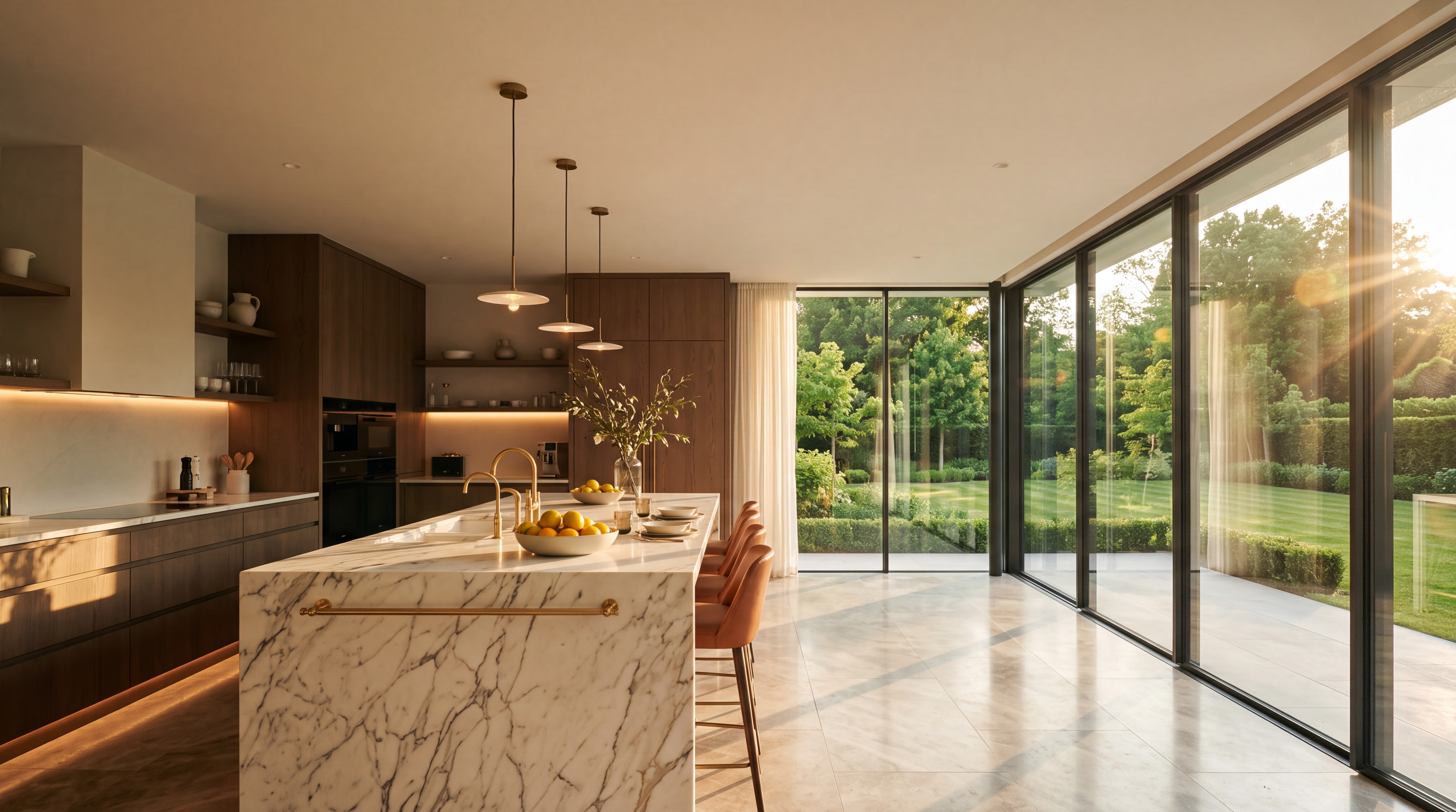 A bright modern kitchen with marble countertops and large windows letting in warm afternoon sunlight.