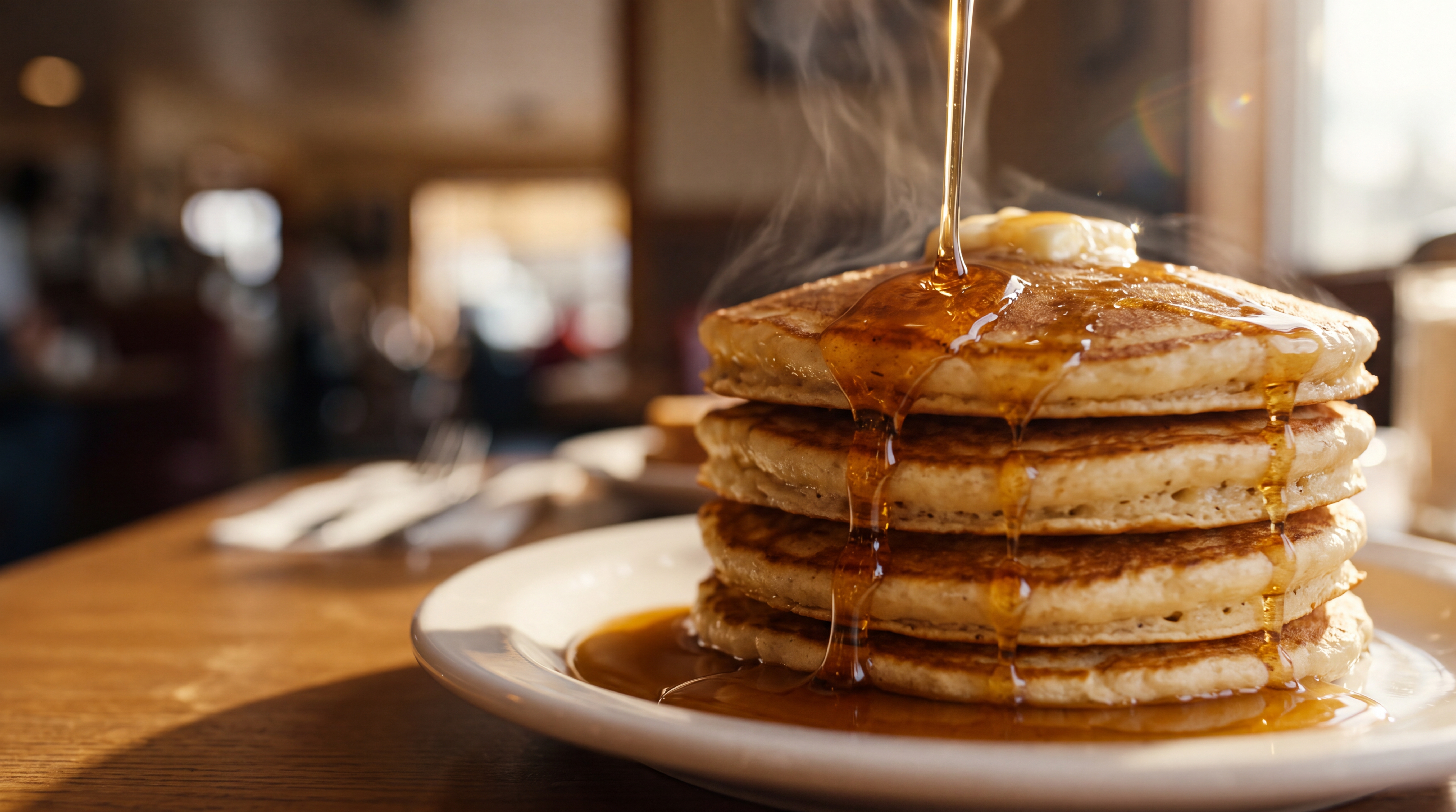 Macro close-up of warm maple syrup drizzled over pancakes in morning light.