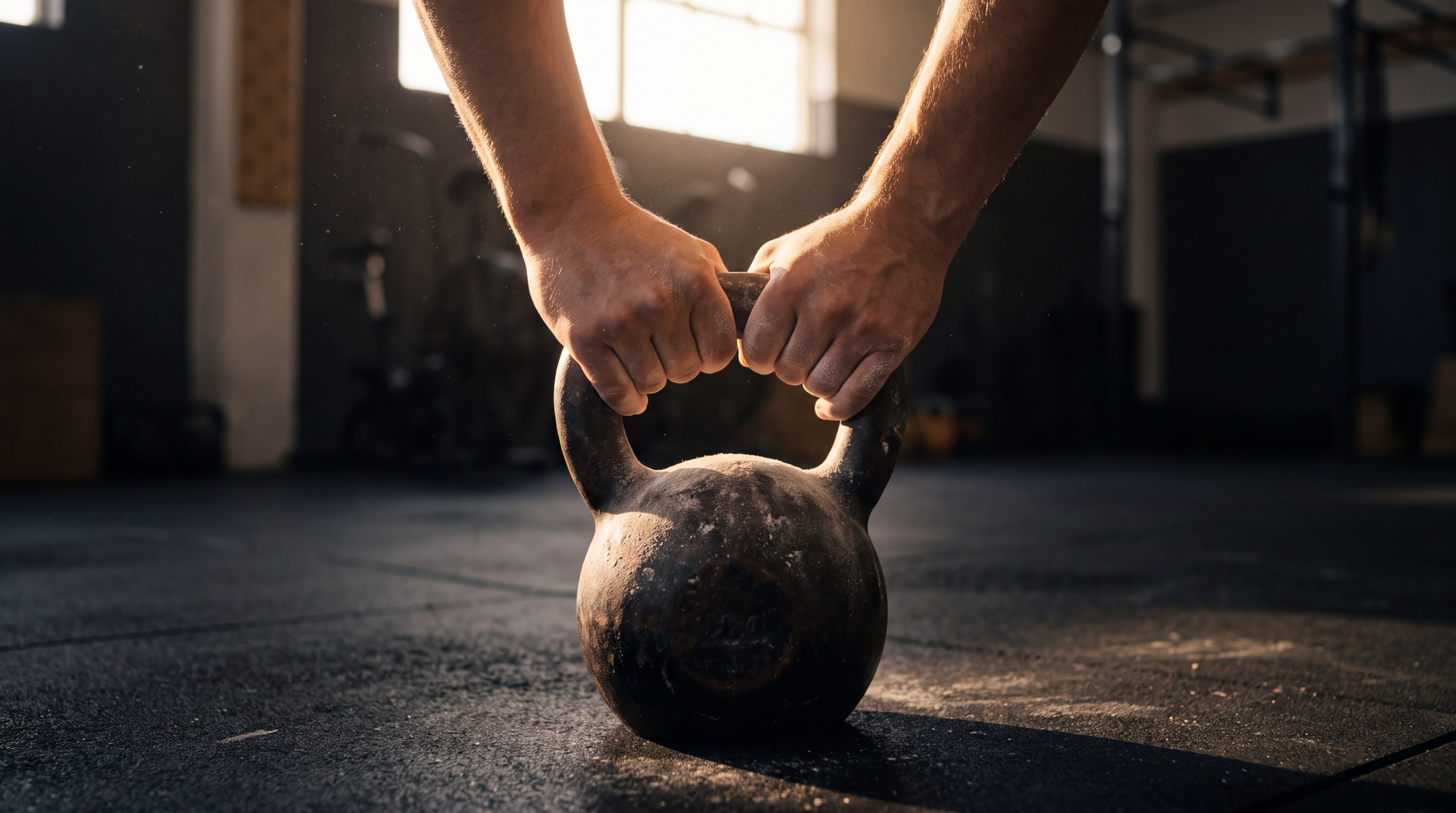 A cinematic close-up of an athlete's chalk-dusted hands gripping a kettlebell in a sunlit gym setting.