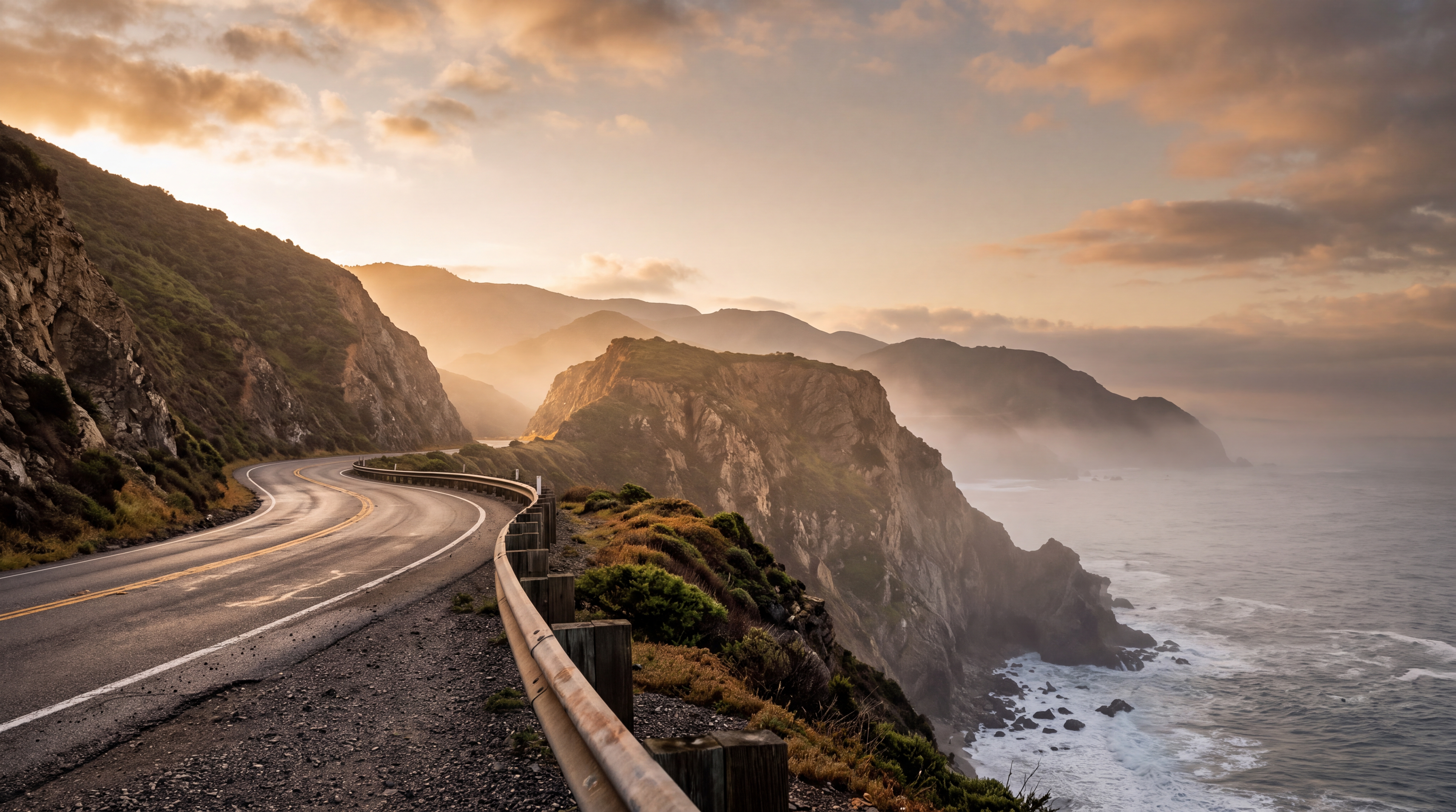 A cinematic view of a coastal road winding along dramatic cliffs during golden hour.