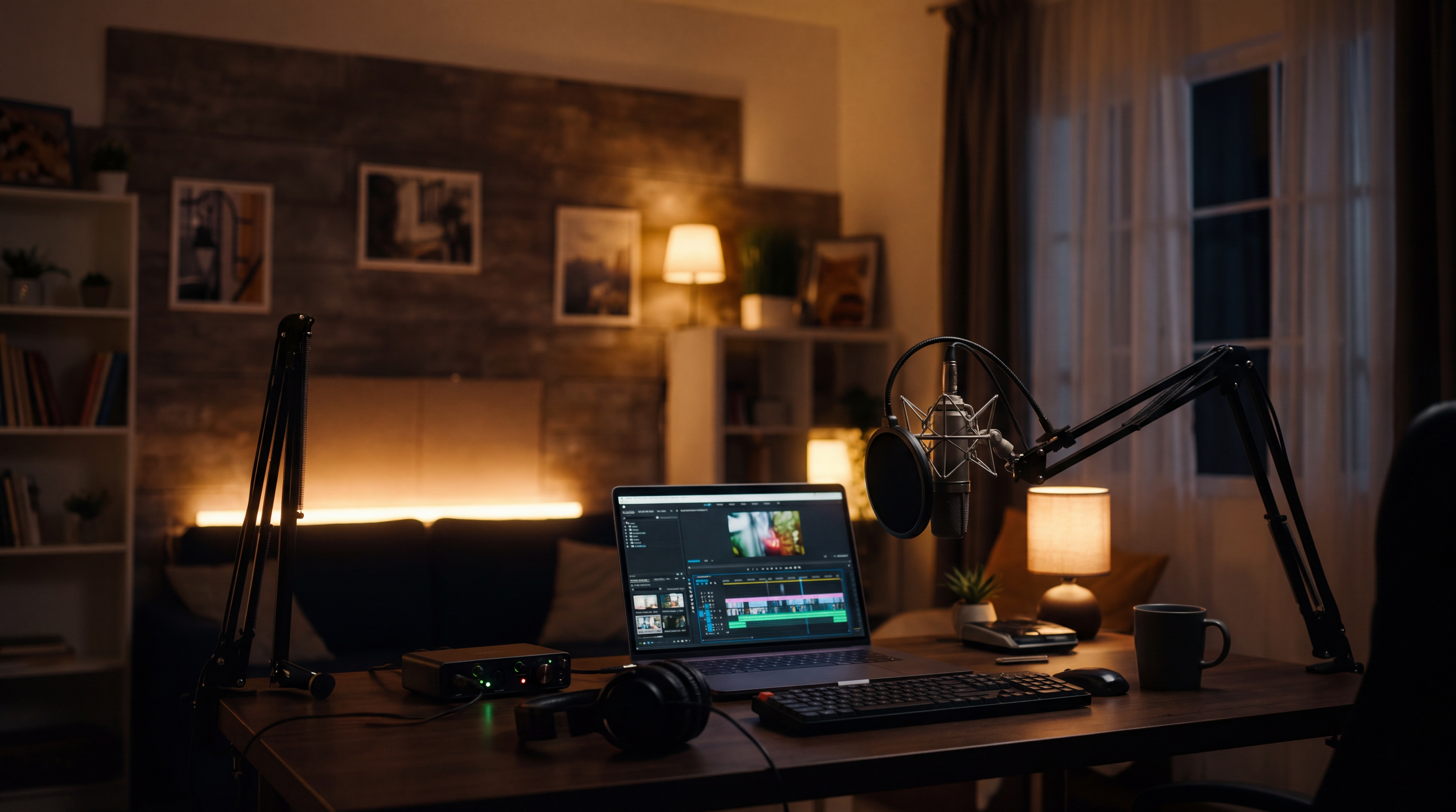 A video creator setup with a laptop, microphone, and warm background lighting.