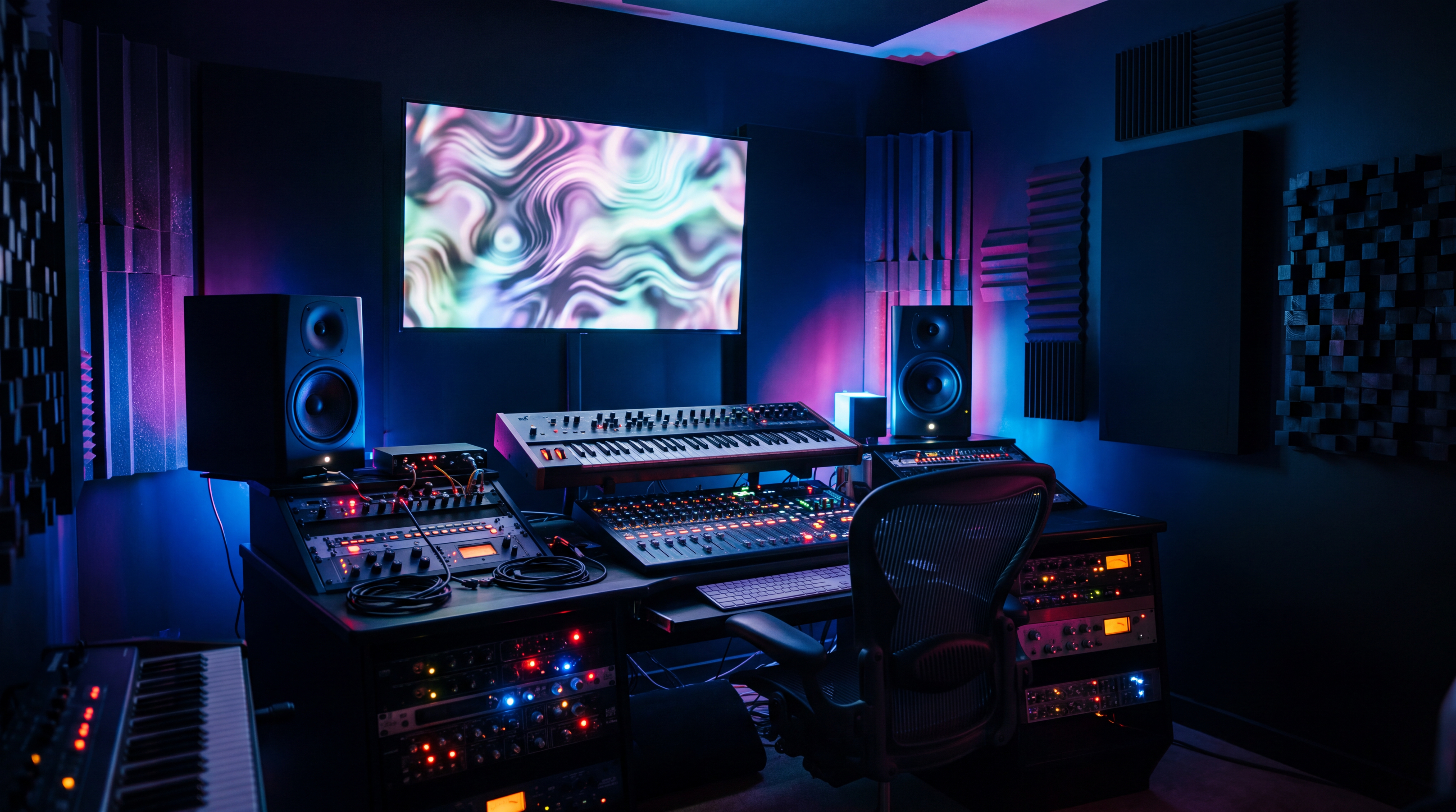 A music studio with neon lighting, studio monitors, and an atmospheric motion graphic display on the wall.