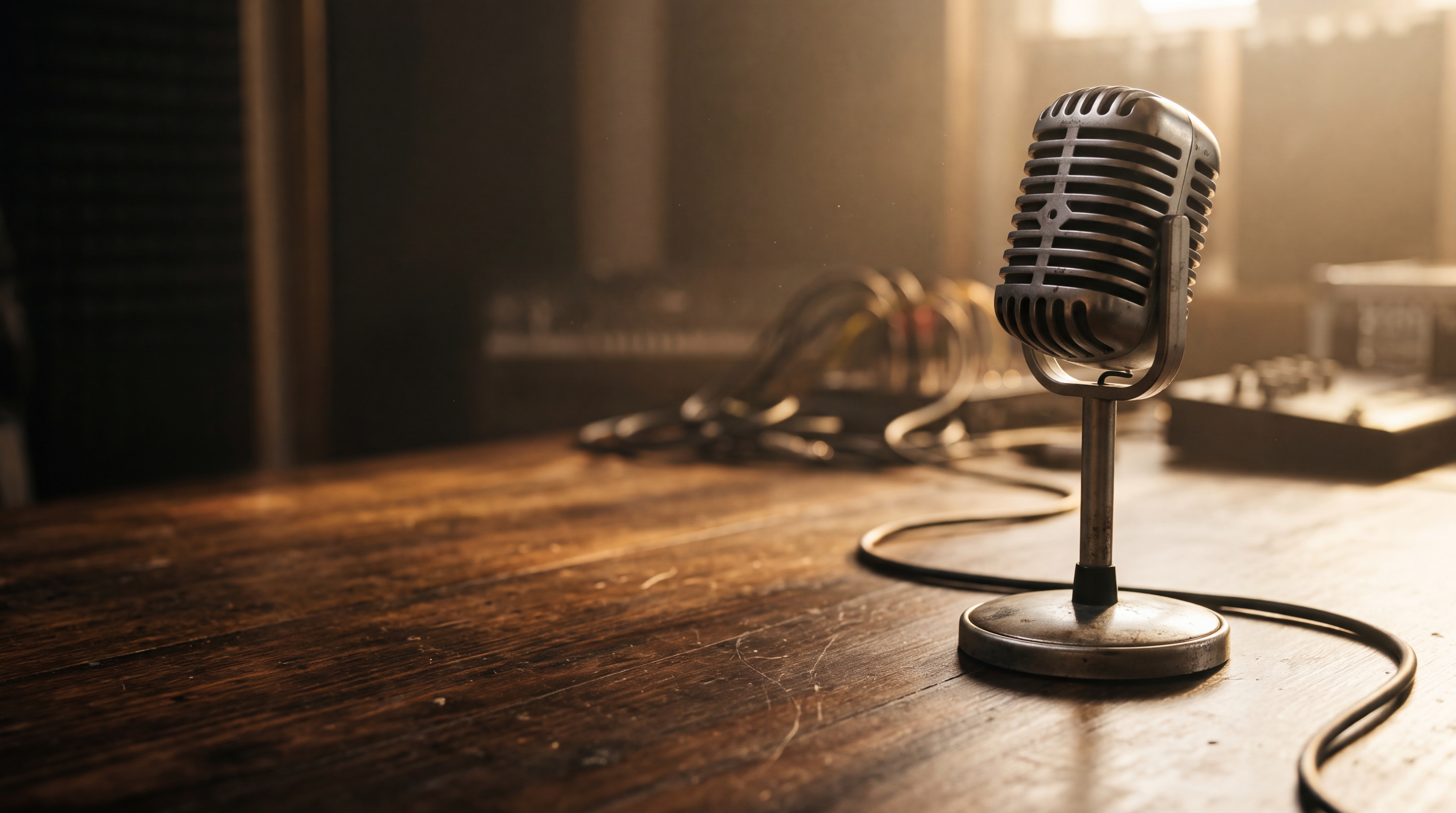 A detailed close-up of a vintage studio microphone sitting on a warm dark wood desk.