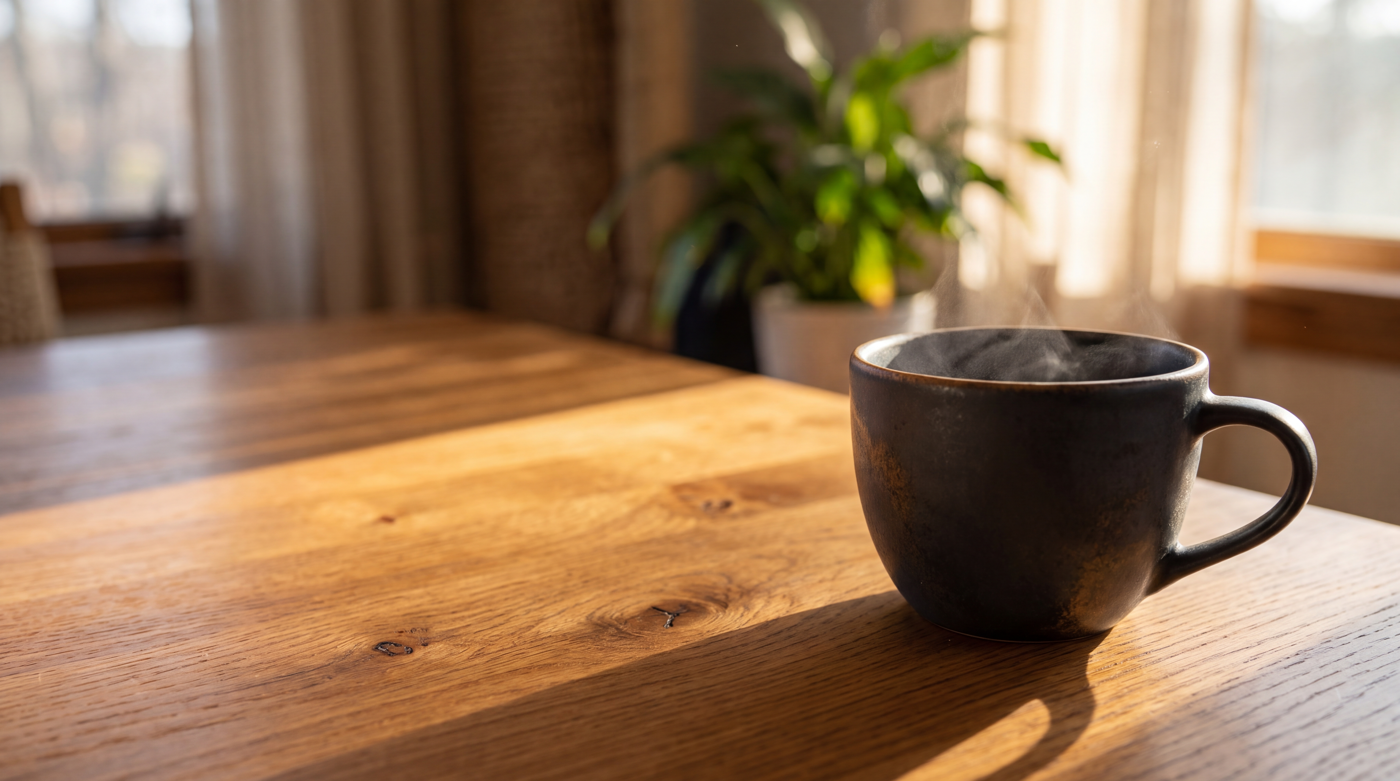 A ceramic cup sitting on a polished wooden surface under warm morning sunlight.