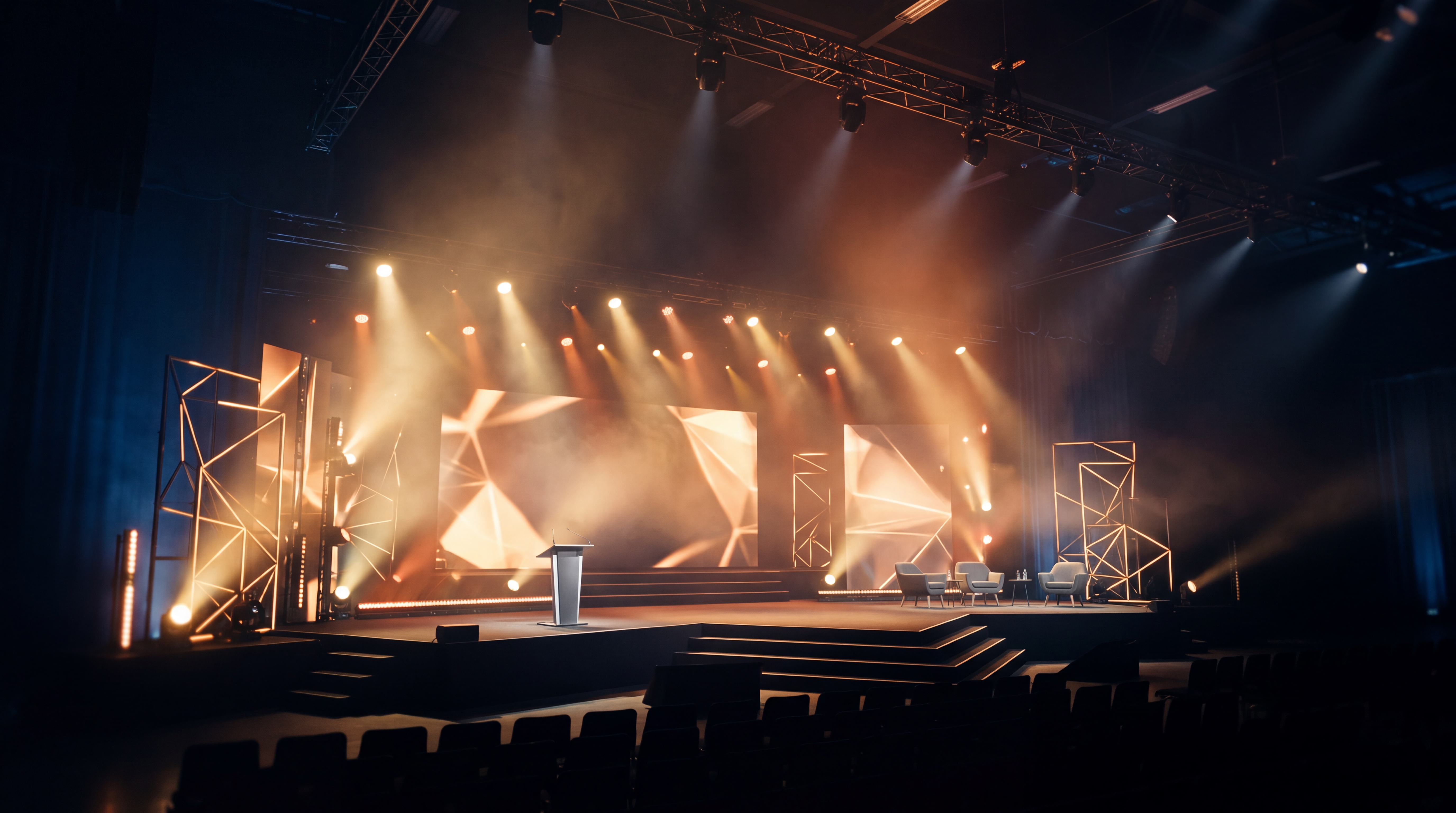 An empty modern event stage illuminated by golden spotlights and soft ambient smoke.