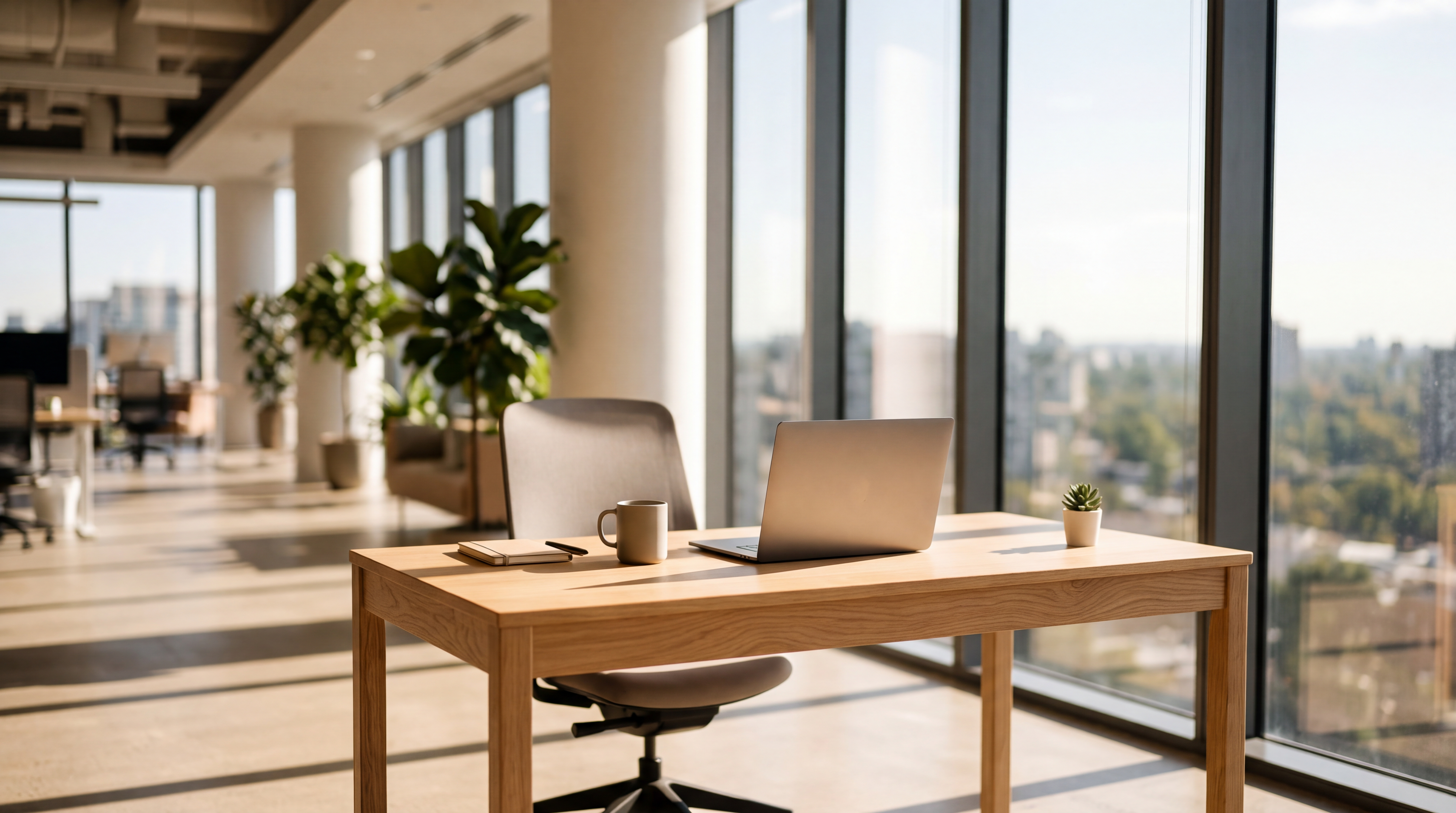 A modern corporate office desk illuminated by natural sunlight from large office windows.