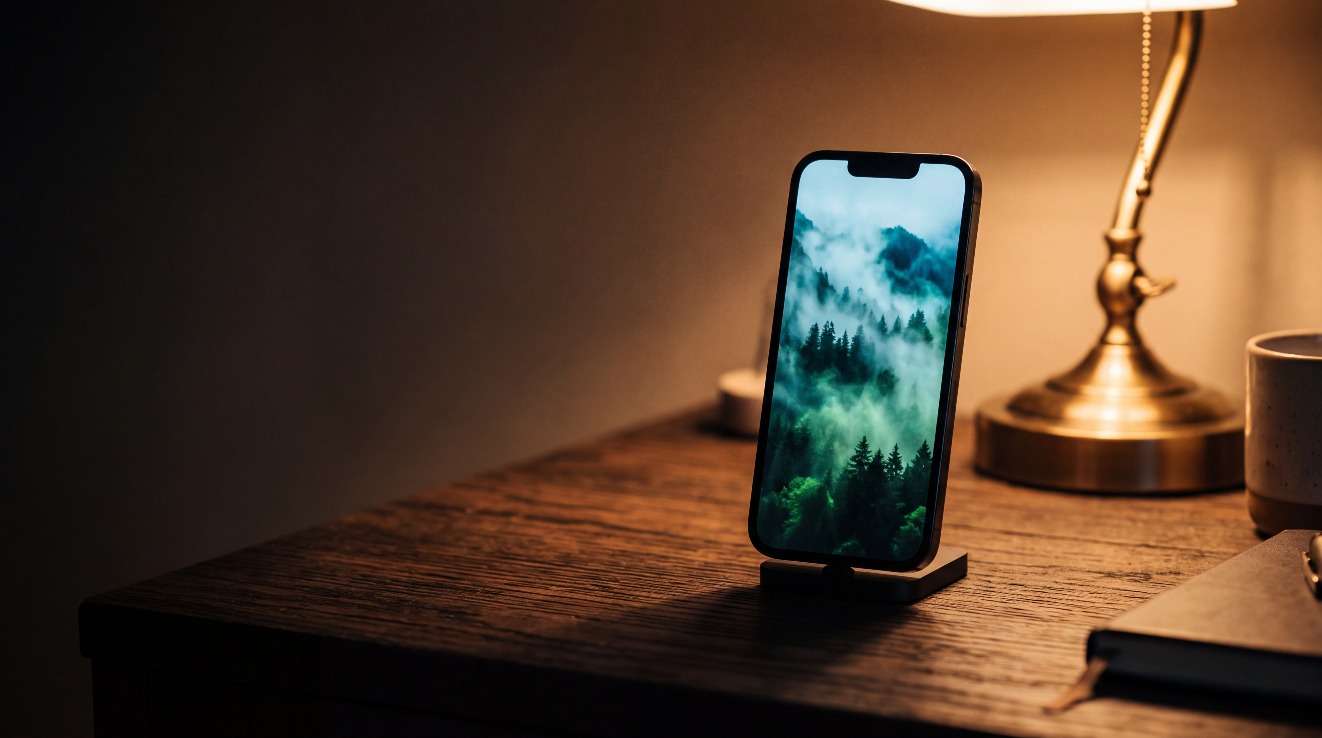 A smartphone standing on a wooden desk displaying a vertical atmospheric video clip.