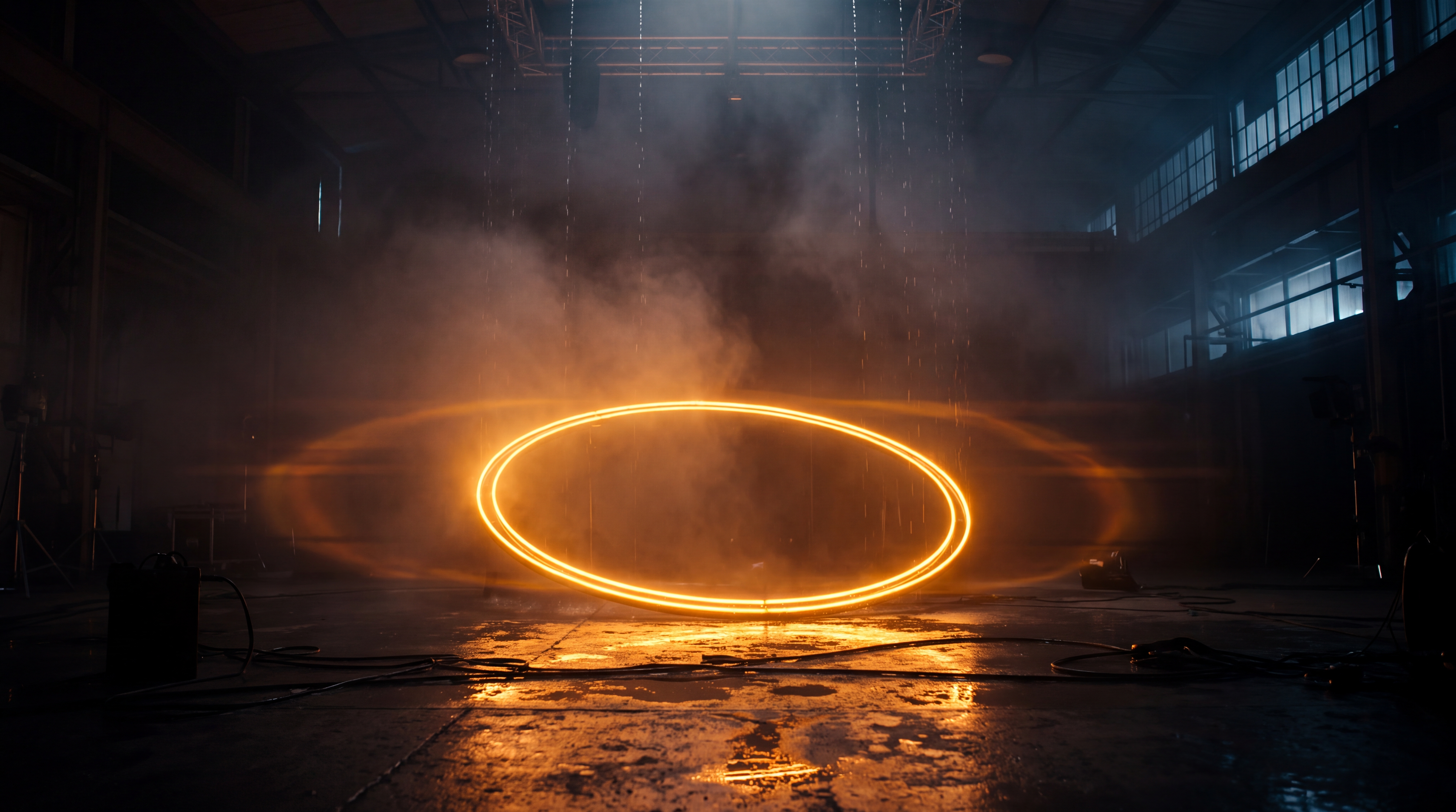A glowing neon amber ring pulsing inside a dark foggy cinematic studio space.
